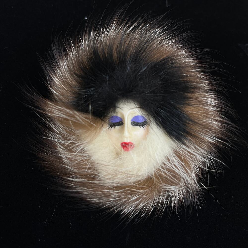 Vintage Porcelain Lady Face Faux Fur Brooch Pin